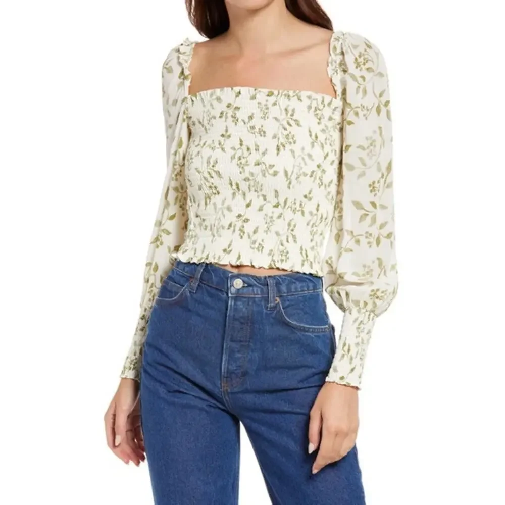 NWOT Reformation Pinto Smocked Blouse Cypress Puff Sleeve White Green Medium